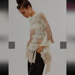 Free People Chunky Cable Knit Poncho Pullover Fringe Womens Classic Luxury